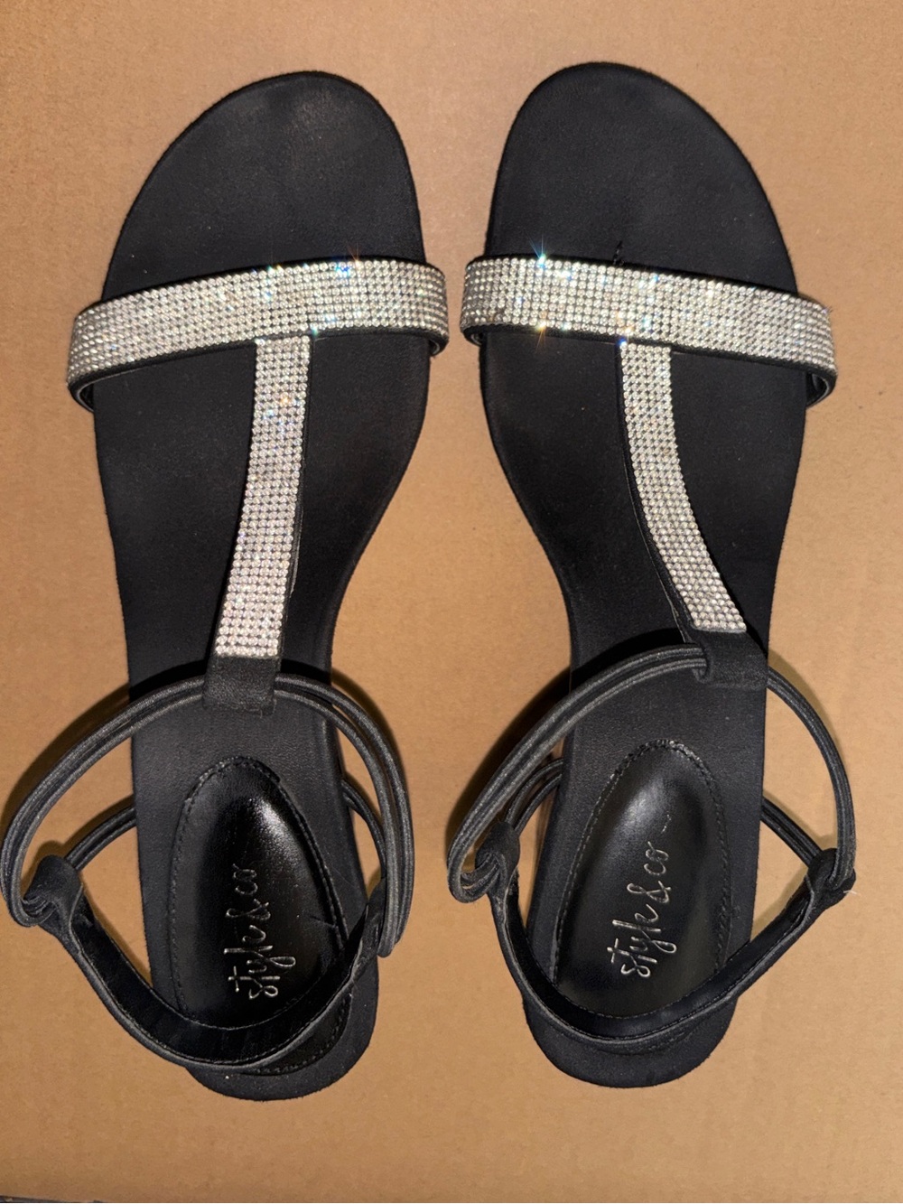 Style & Co. Black Rhinestone T-Strap Sandals